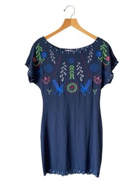 Desigual Bird Floral Embroidered Dress Sz M Butterfly Folk Art Boho Forest Fairy